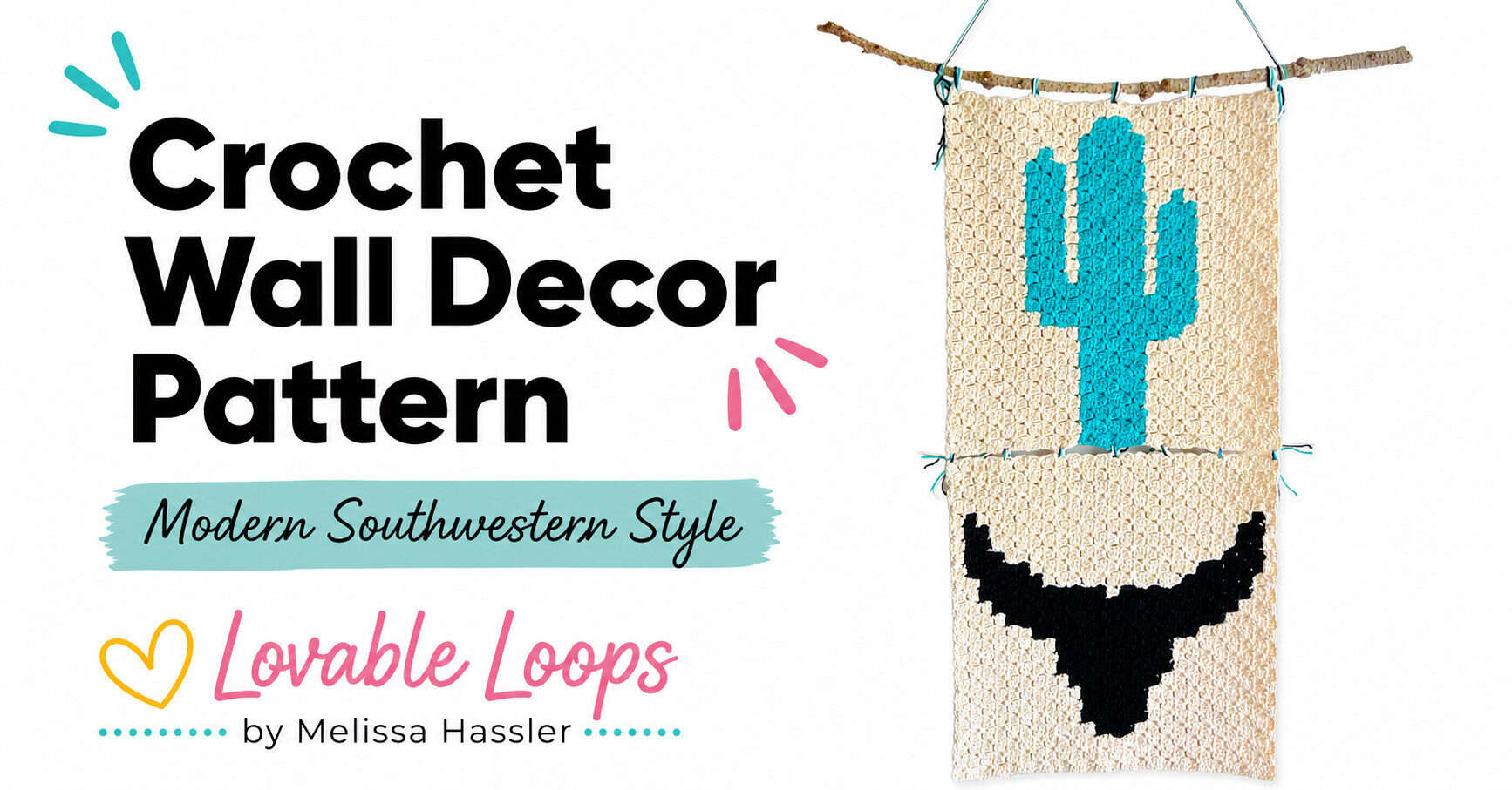 Cream crochet wall hanging with a turquoise cactus and black western longhorn design, suspended from a rustic branch beside Free Crochet Wall Hanging Decor Pattern text.