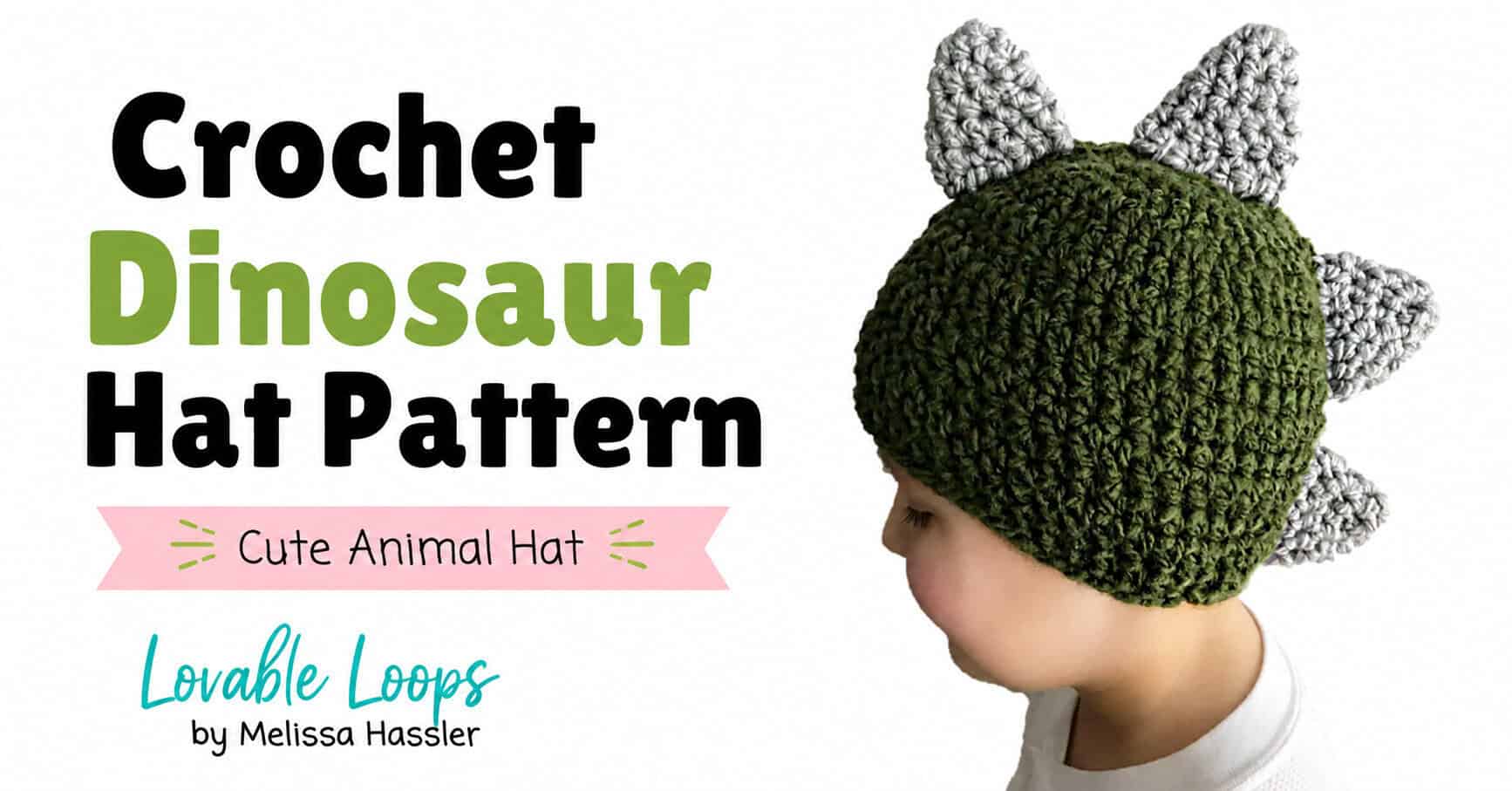 Landscape featured image showing a child in profile wearing a green crochet dinosaur hat with gray spikes beside text reading “Crochet Dinosaur Hat Pattern.”