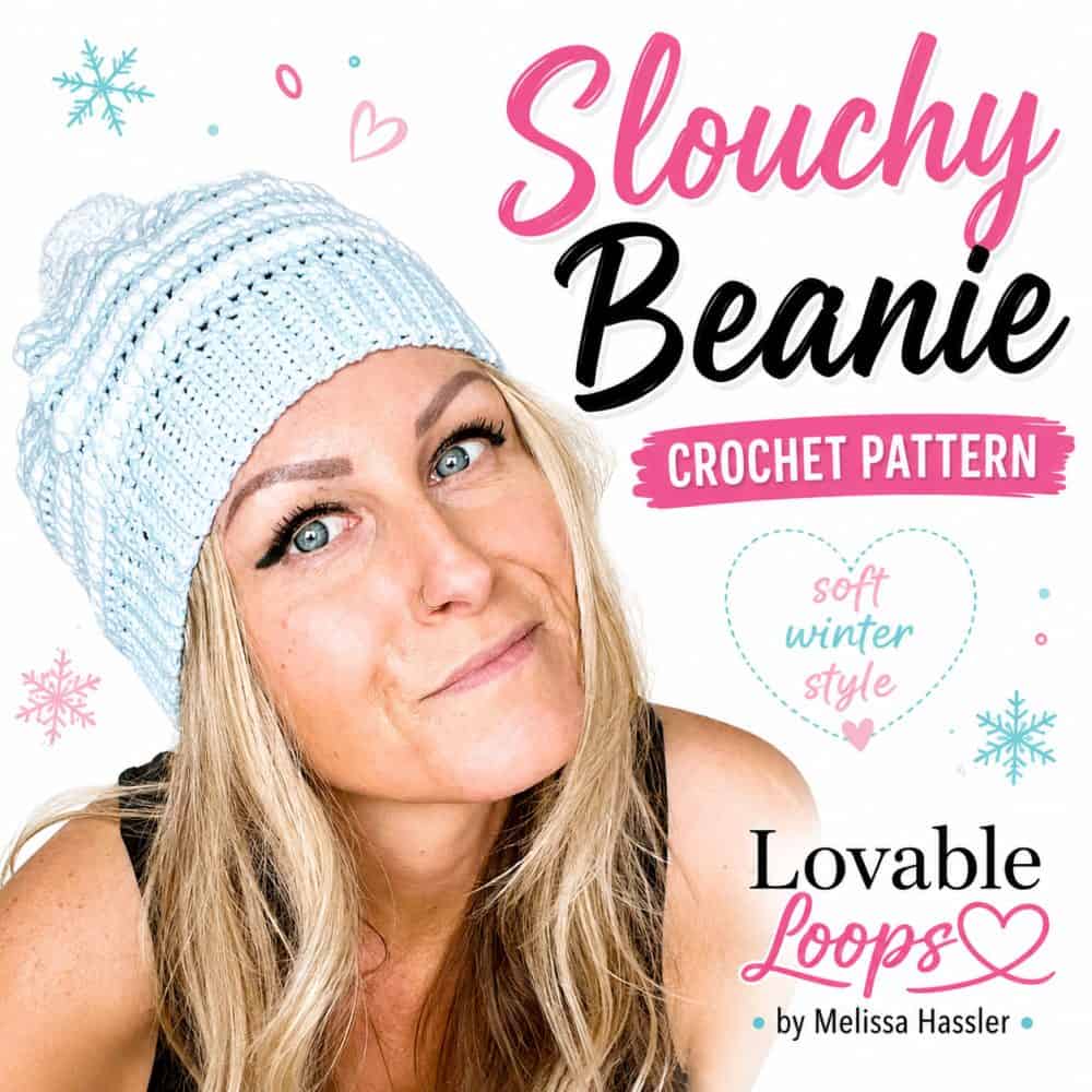Square Nordic Ice slouchy beanie crochet pattern image featuring a woman wearing a soft blue textured hat beside bold black and pink lettering with winter-inspired accents.
