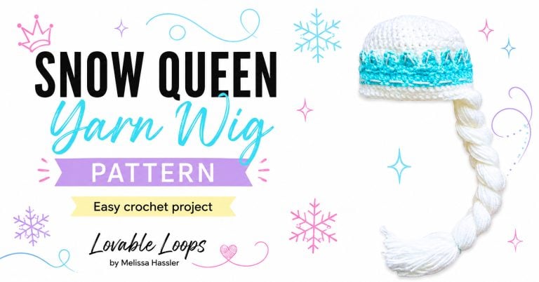 Landscape graphic showing a white crochet snow queen wig hat with turquoise trim and a long braided yarn ponytail beside bold text reading “Snow Queen Yarn Wig Pattern.”