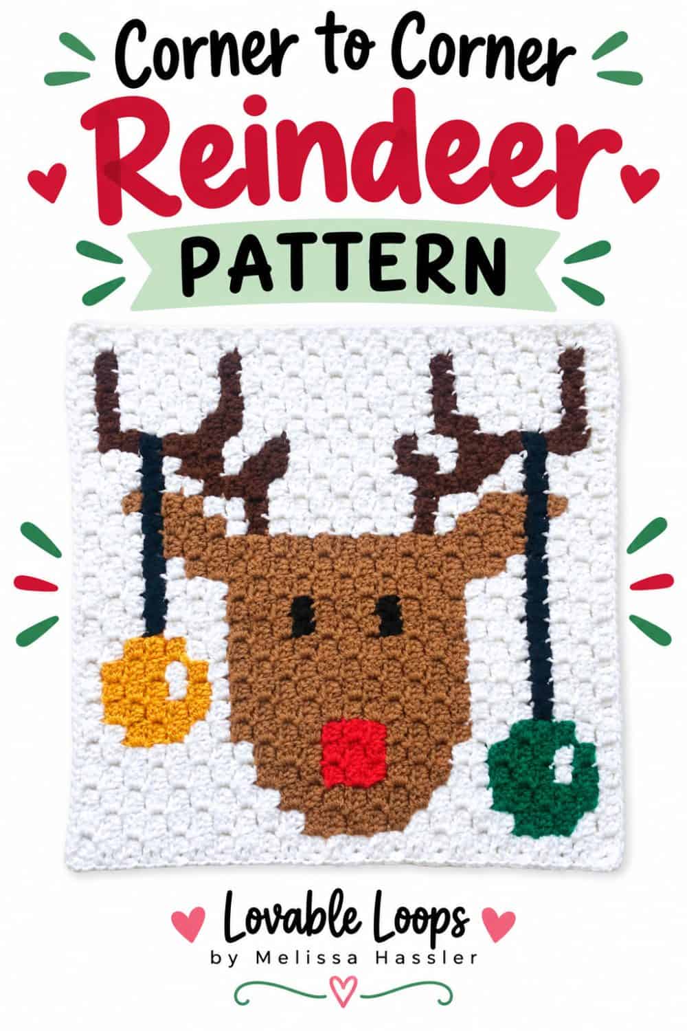 Pinterest graphic for the C2C crochet reindeer pattern featuring a festive Christmas reindeer square.