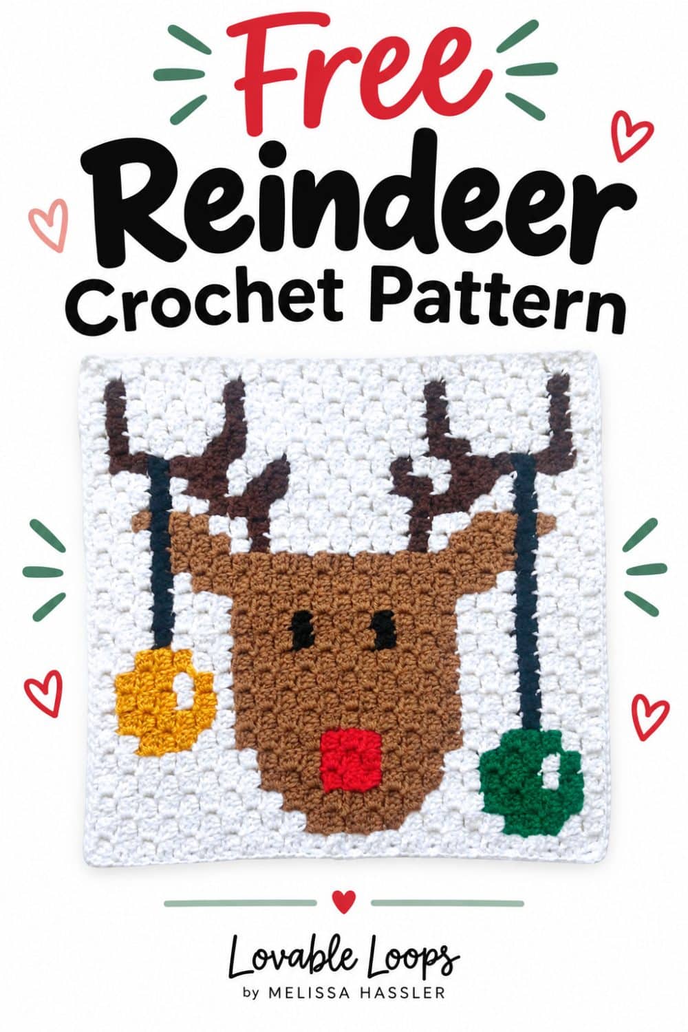 C2C crochet reindeer square featuring a festive reindeer design on a white background.