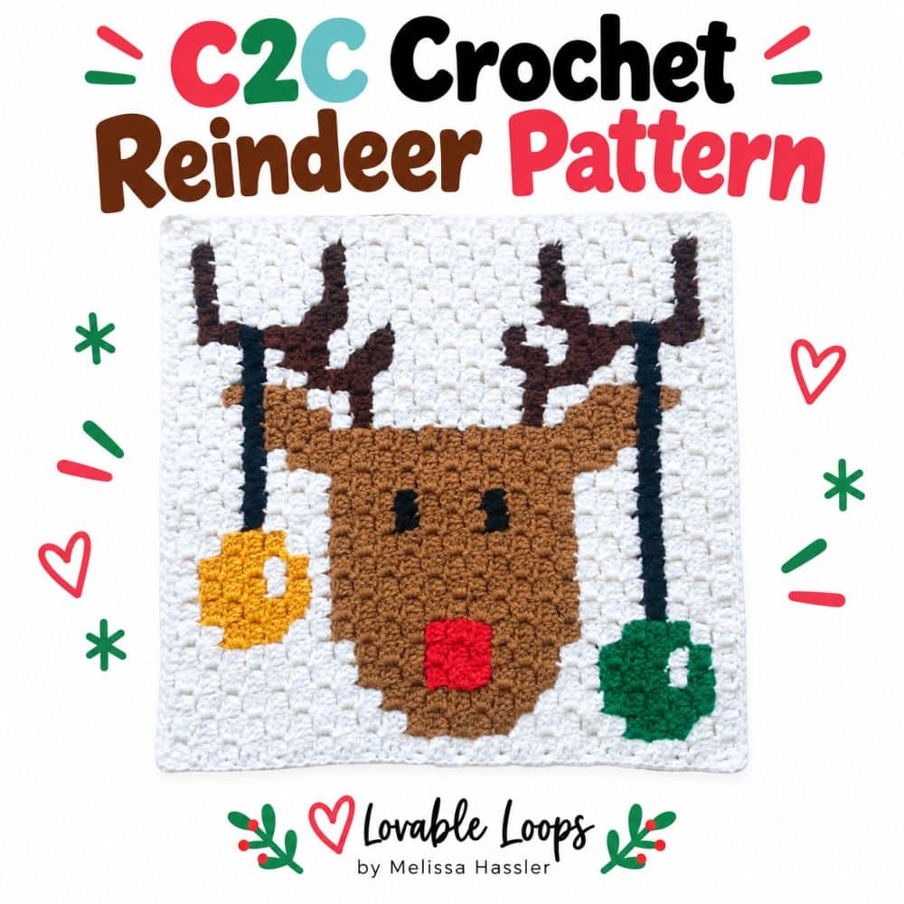 C2C crochet reindeer square featuring a festive reindeer design on a white background.