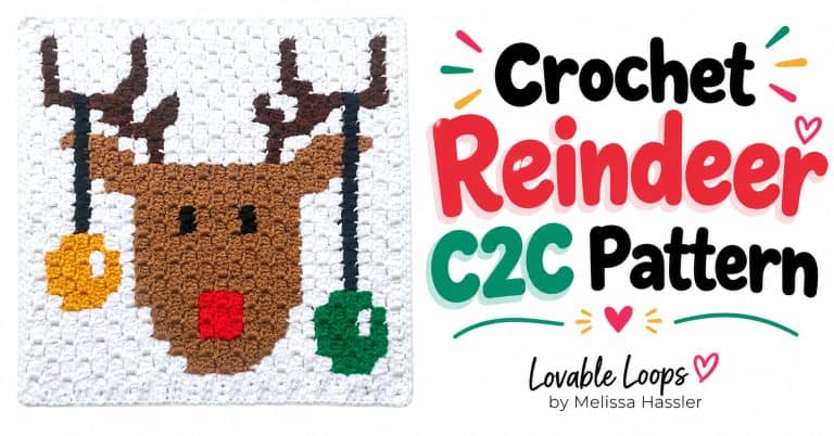 C2C crochet reindeer square with a brown reindeer, red nose, antlers, and hanging Christmas ornaments beside colorful “Crochet Reindeer C2C Pattern” text.