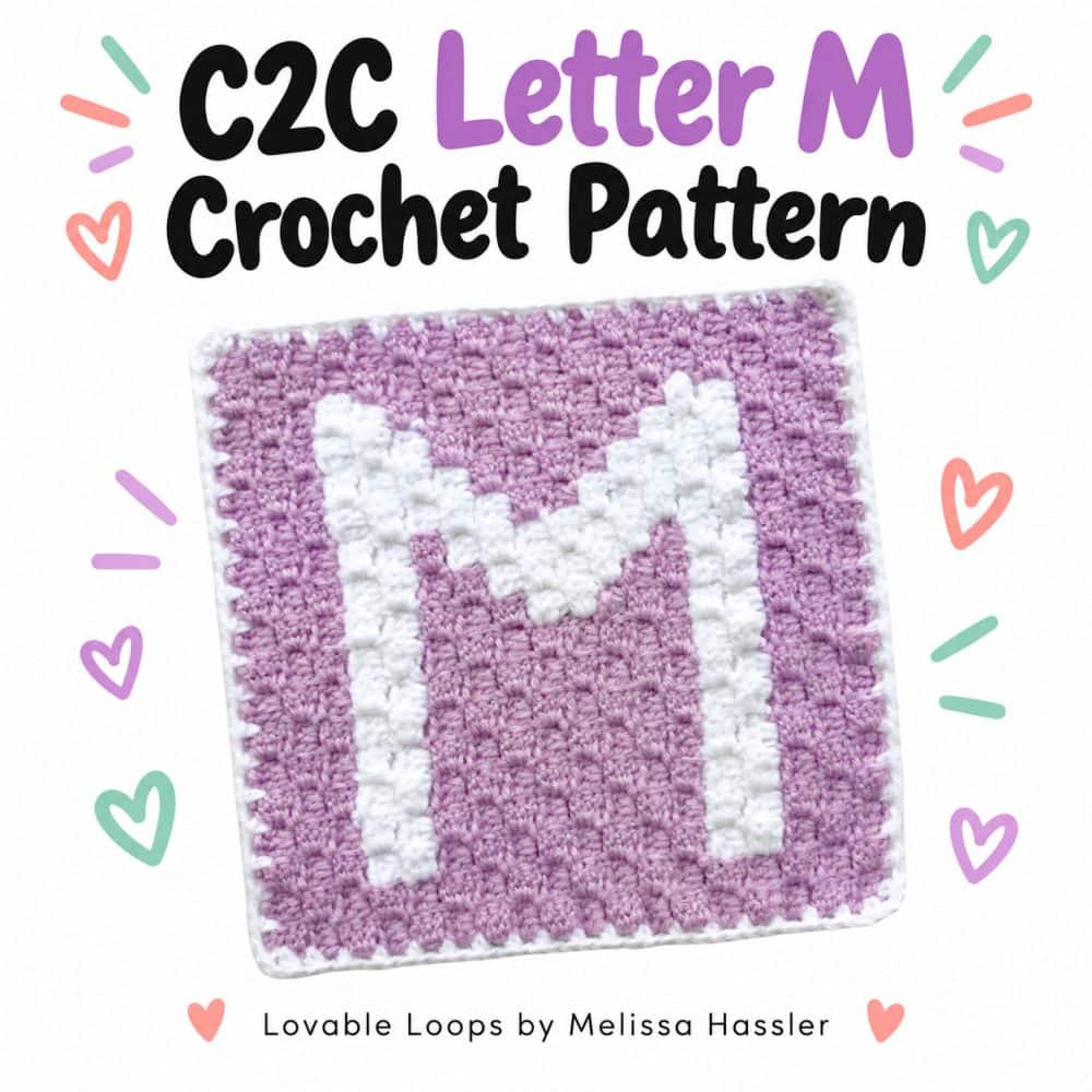 C2C letter M crochet pattern with a purple and white letter M square, bold black and purple text, and pastel decorative accents.