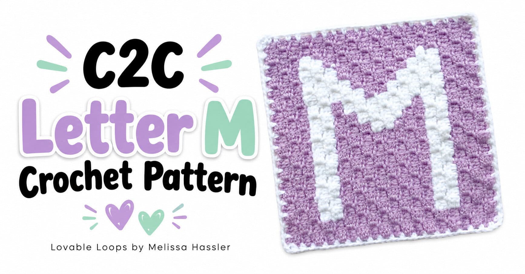 C2C letter M crochet pattern featured image showing a purple crochet square with a white letter M beside bold purple, mint, and black text.