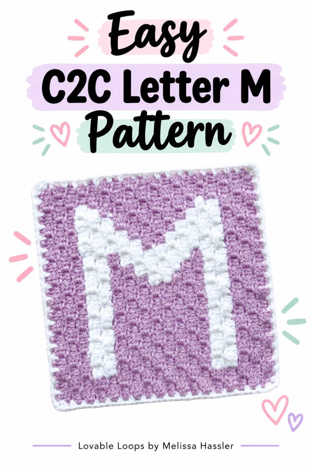 C2C letter M crochet pattern featuring a purple and white crochet square with a large white letter M and pastel text on a bright white background.