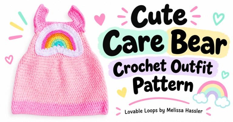 Pink Care Bear-inspired crochet baby outfit with a rainbow appliqué on the front, shown on a white background with colorful hearts and text reading “Care Bear Crochet Outfit Pattern.”