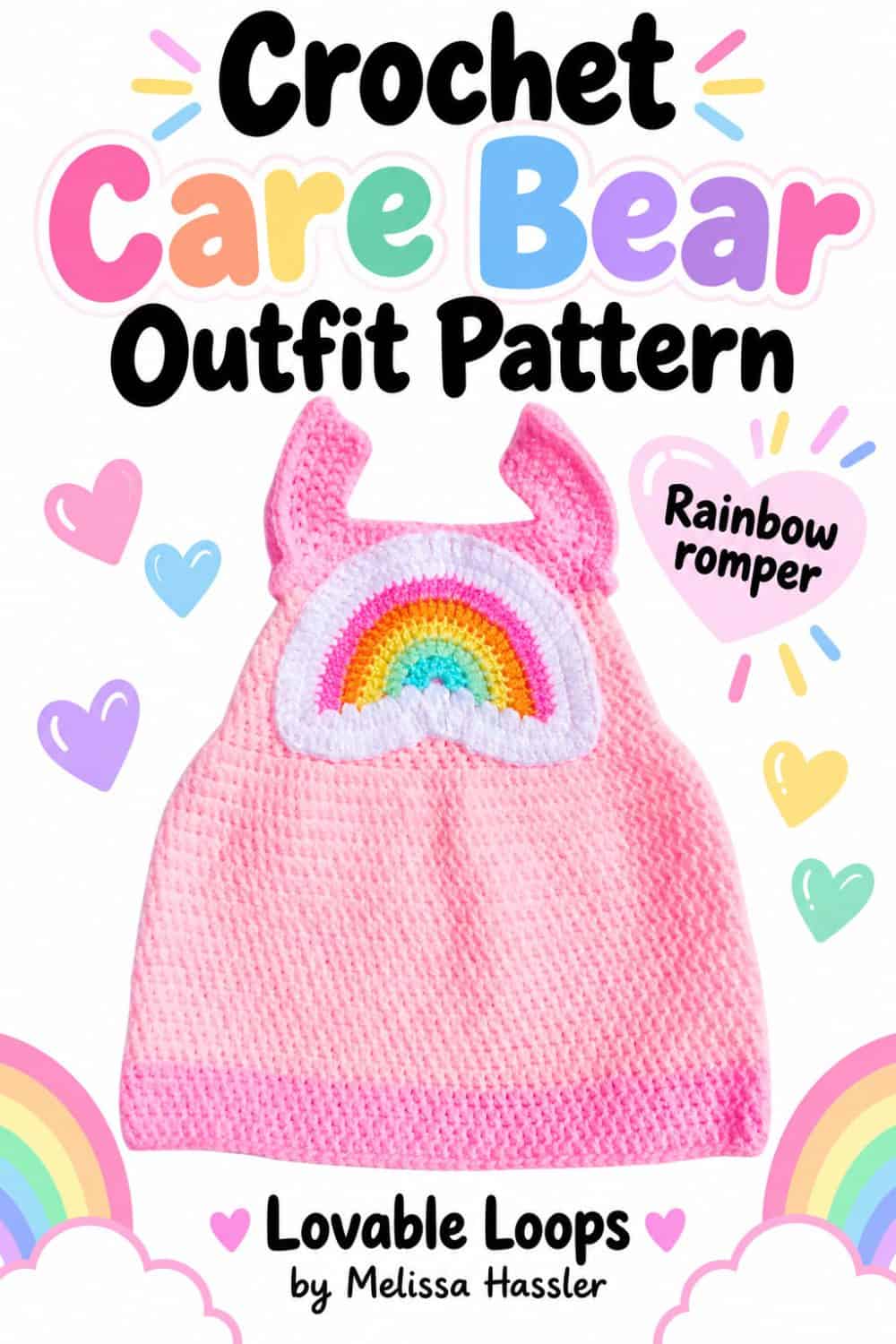 Pink Care Bear-inspired crochet baby dress with a rainbow appliqué on the front, shown beside colorful text reading “Care Bear Crochet Outfit Pattern.”