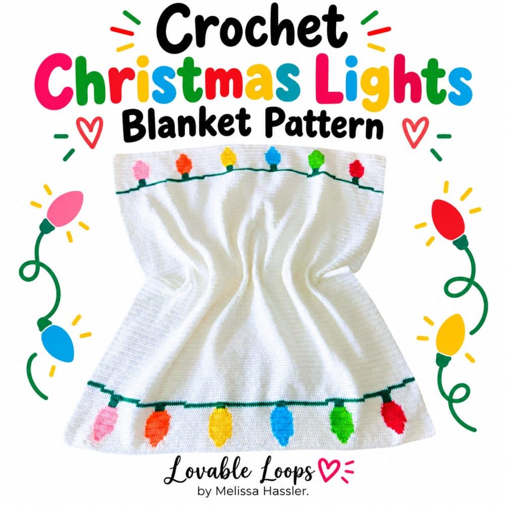 Crochet Christmas lights blanket with colorful bulbs along both ends, shown with “Easy Crochet Christmas Lights Blanket” text.