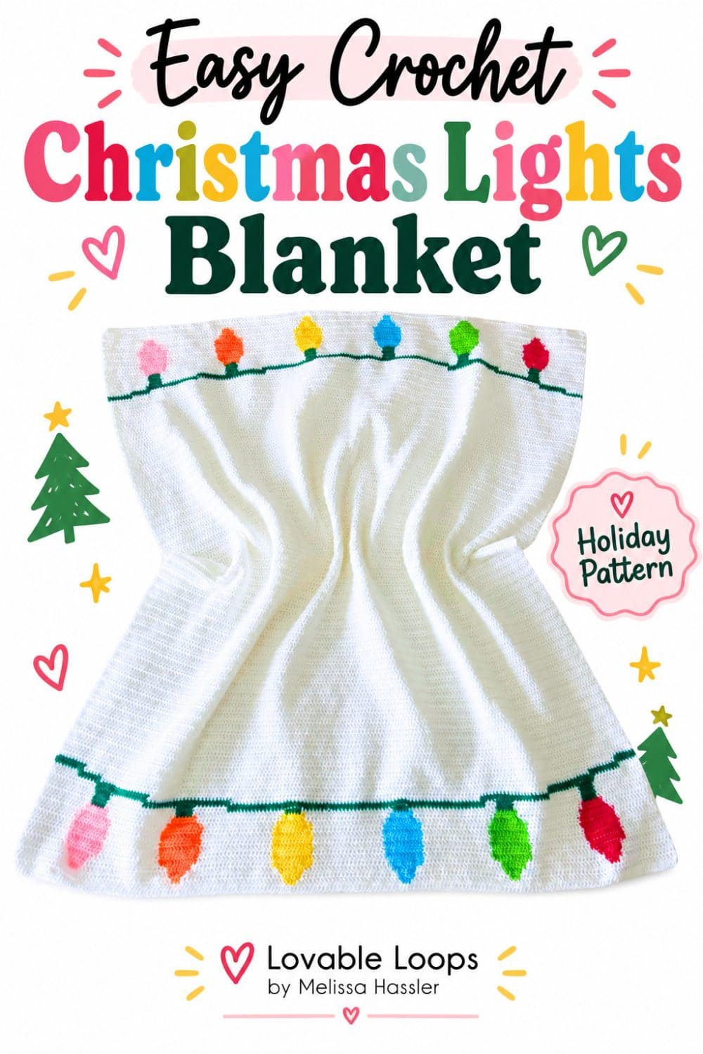 Crochet Christmas lights blanket pattern featuring a white throw with colorful bulbs and green light strings.