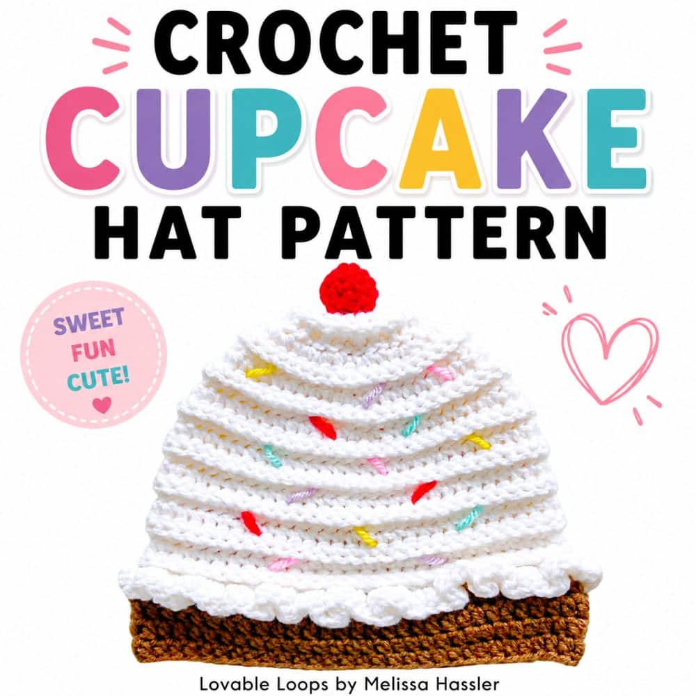 Crochet cupcake hat pattern with layered white icing texture, colorful yarn sprinkles, a bright red cherry topper, and a brown cupcake base.