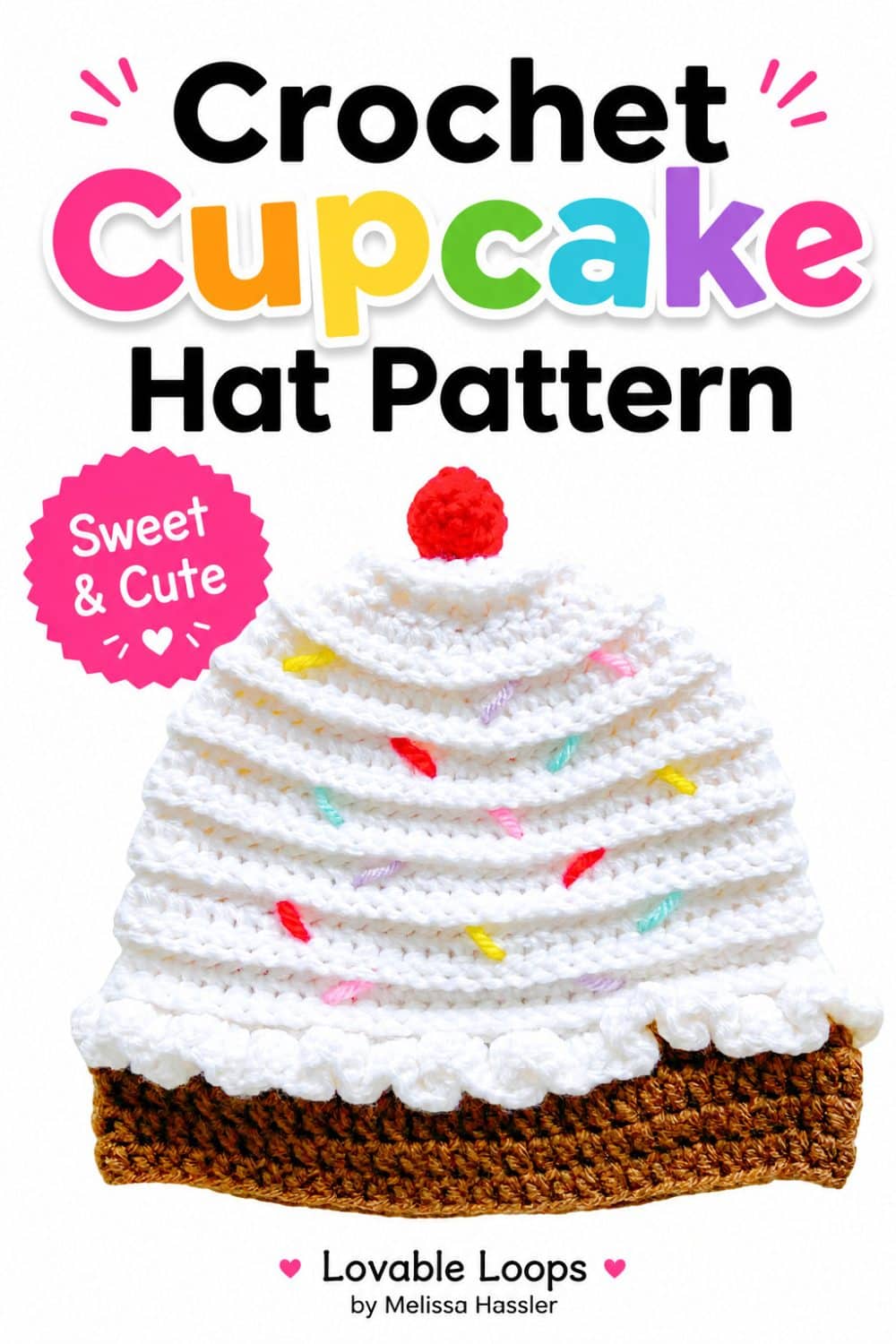 Sweet crochet cupcake hat pattern featuring white textured frosting, colorful sprinkle details, a red cherry topper, and a brown cupcake base on a bright white background.