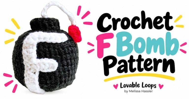 Crochet F Bomb pattern featured image with a black crocheted F Bomb, white letter F, red fuse tip, and bold pink, teal, and black text.