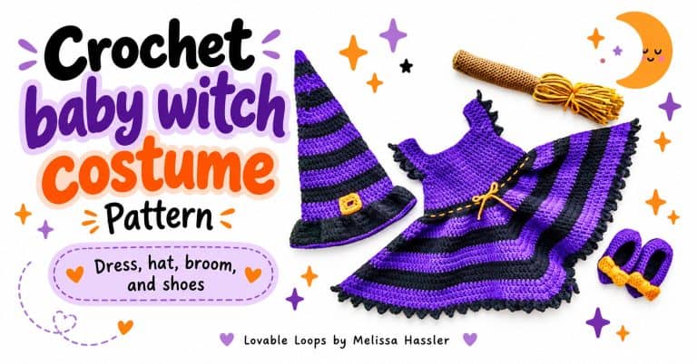 Crochet baby witch costume pattern with a purple and black dress, striped witch hat, matching baby shoes, and crochet broom, shown with Halloween-themed accents.
