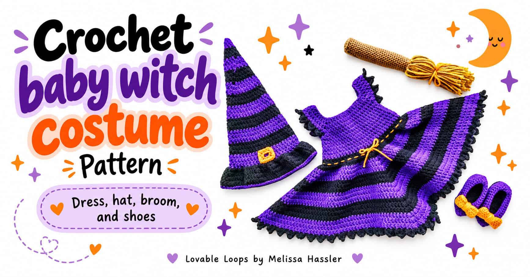 Crochet baby witch costume pattern with a purple and black dress, striped witch hat, matching baby shoes, and crochet broom, shown with Halloween-themed accents.