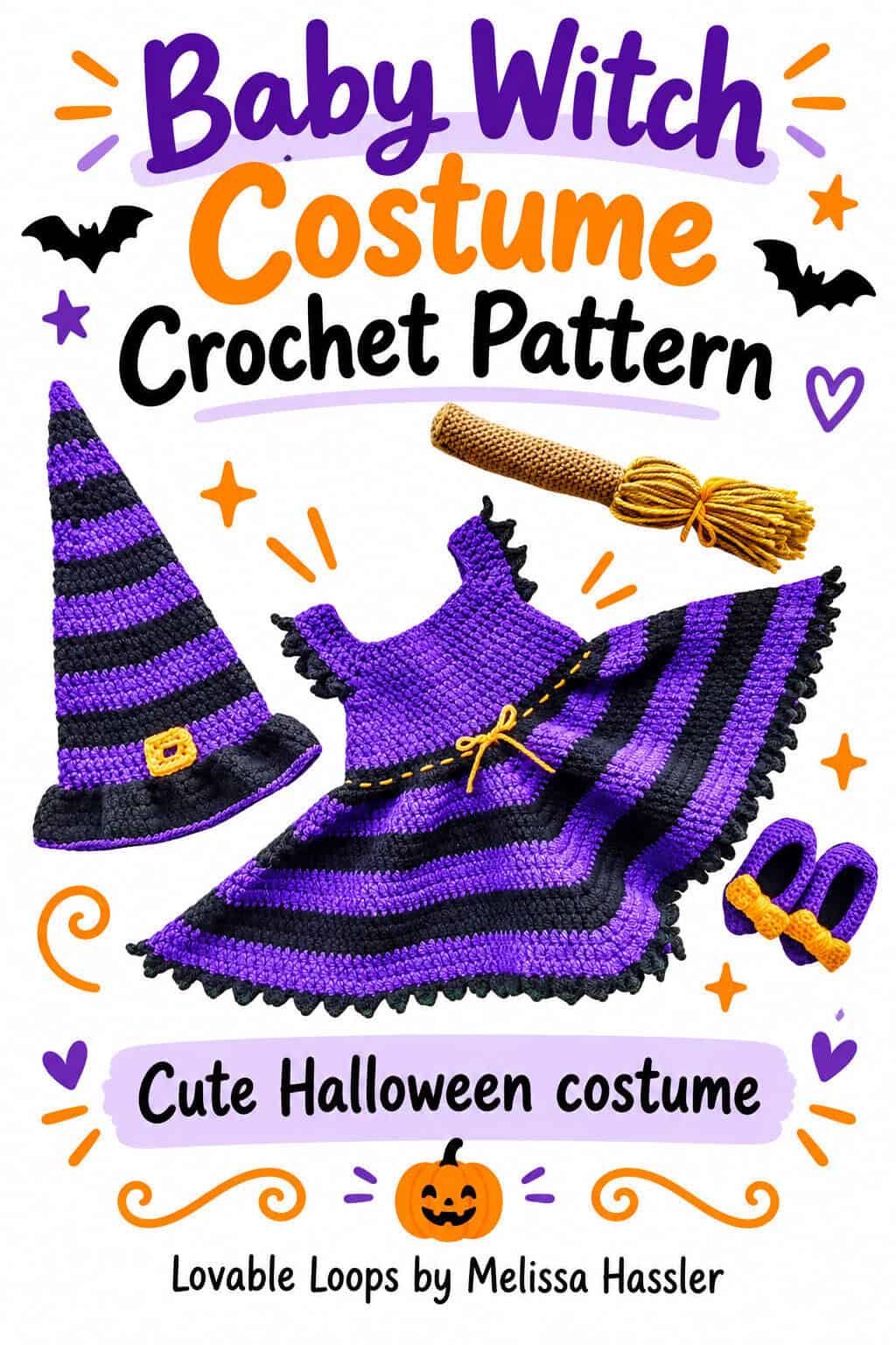 Crochet baby witch costume pattern featuring a purple and black striped dress, matching witch hat, baby shoes, and crochet broom on a white Halloween-themed background.