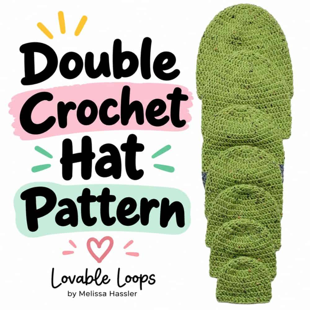 Square graphic showing green double crochet beanies in multiple sizes beside bold text reading “Double Crochet Hat Pattern.”