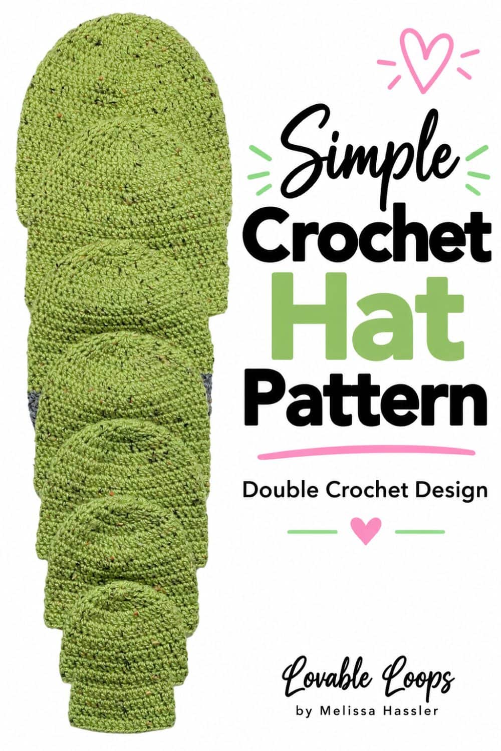 Pinterest graphic showing green double crochet beanies in multiple sizes beside text reading “Simple Crochet Hat Pattern” and “Double Crochet Design.”