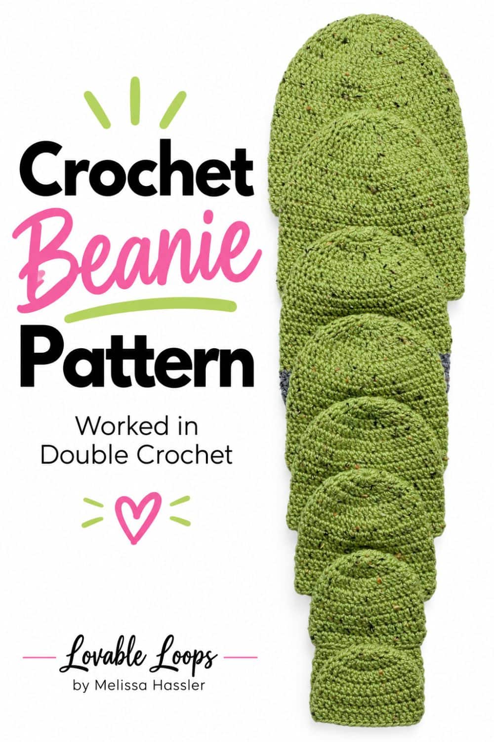 Pinterest graphic featuring a stack of green crochet beanies beside bold text reading “Crochet Beanie Pattern” and “Worked in Double Crochet.”