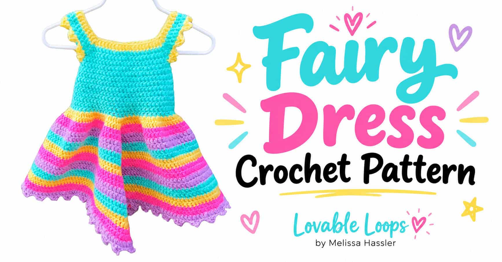Colorful crochet fairy dress with a turquoise top, yellow trim, and a full striped skirt in pink, purple, turquoise, and yellow.