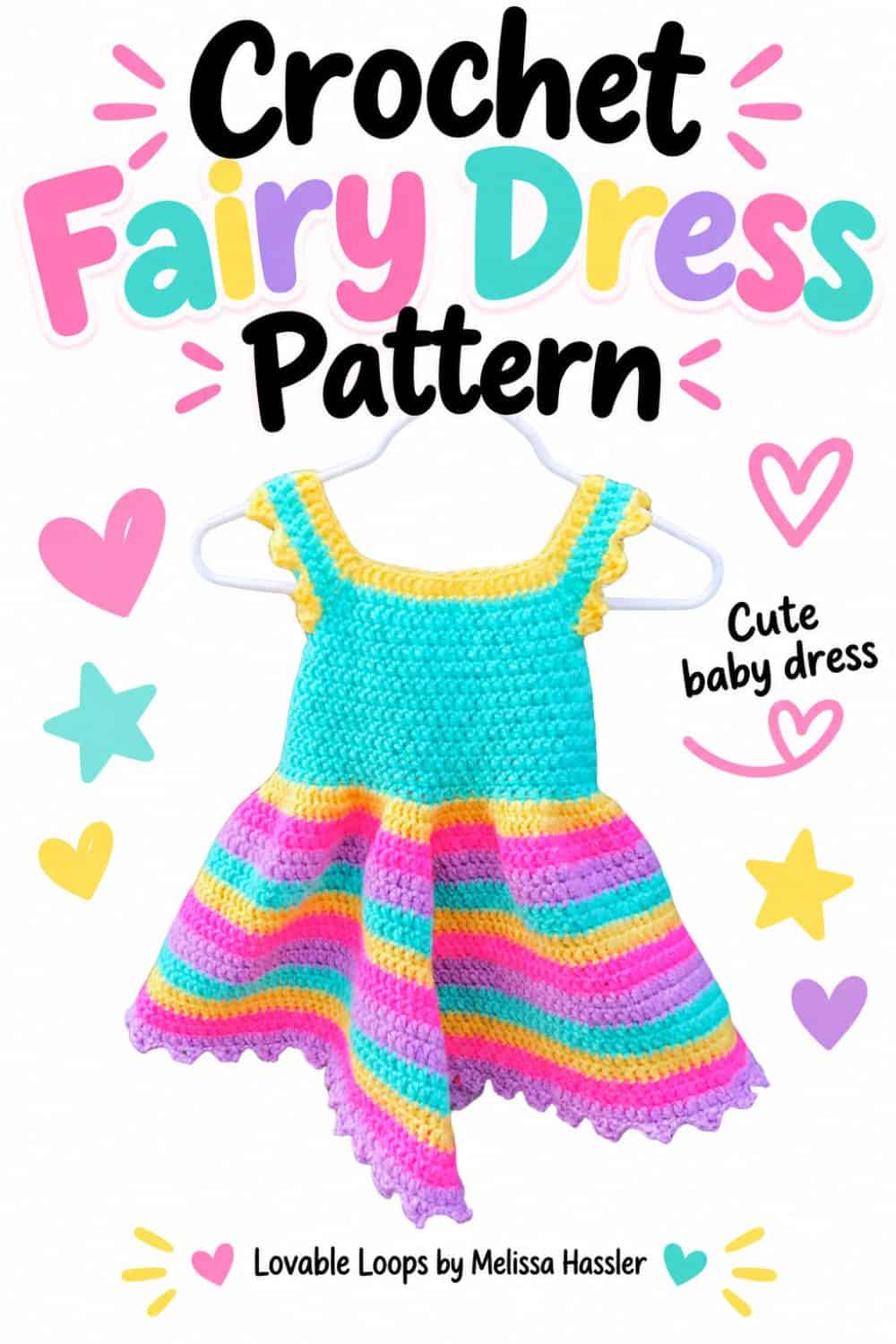 Colorful fairy dress crochet pattern featuring a turquoise bodice with yellow trim and a striped pink, purple, turquoise, and yellow skirt.