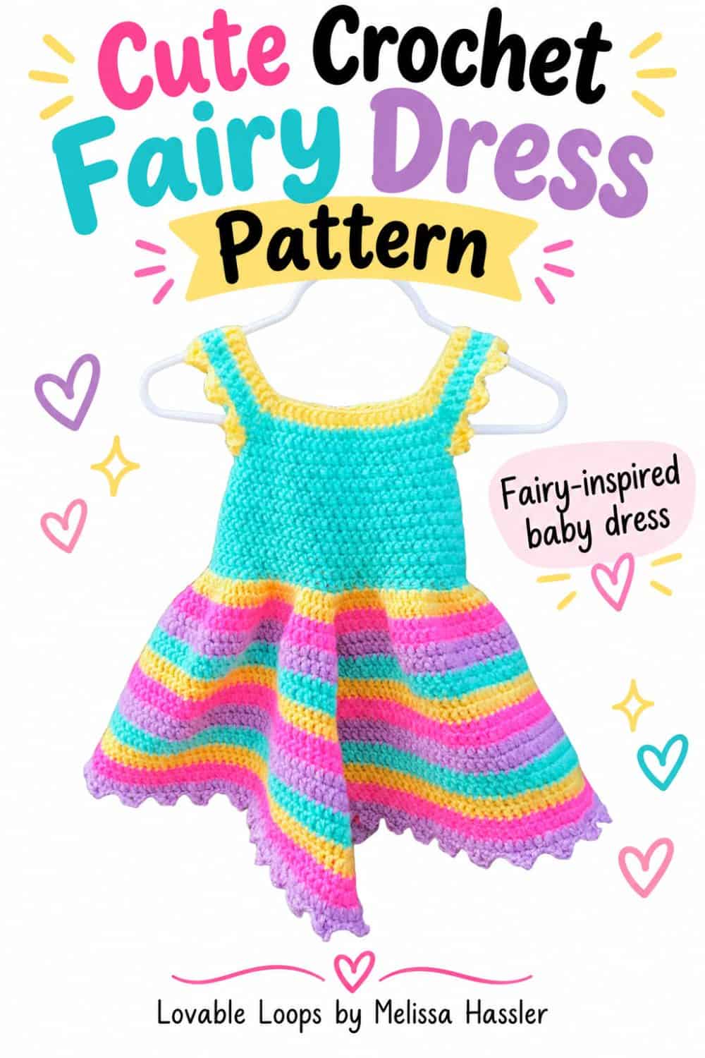 Fairy dress crochet pattern with a turquoise bodice, yellow trim, and bright striped skirt in pink, purple, turquoise, and yellow.