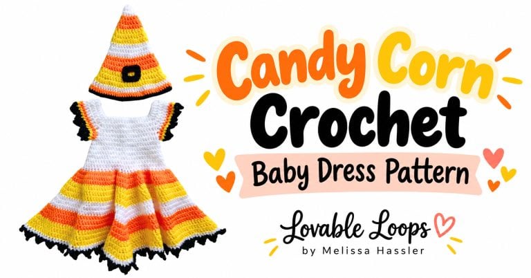 Candy corn crochet baby dress pattern with matching striped hat in orange, yellow, white, and black on a bright white background.