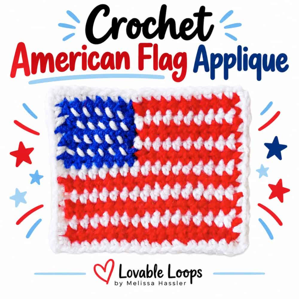Small red, white, and blue crochet American flag appliqué with a white border, shown beneath text reading “American Flag Applique Crochet Pattern.”