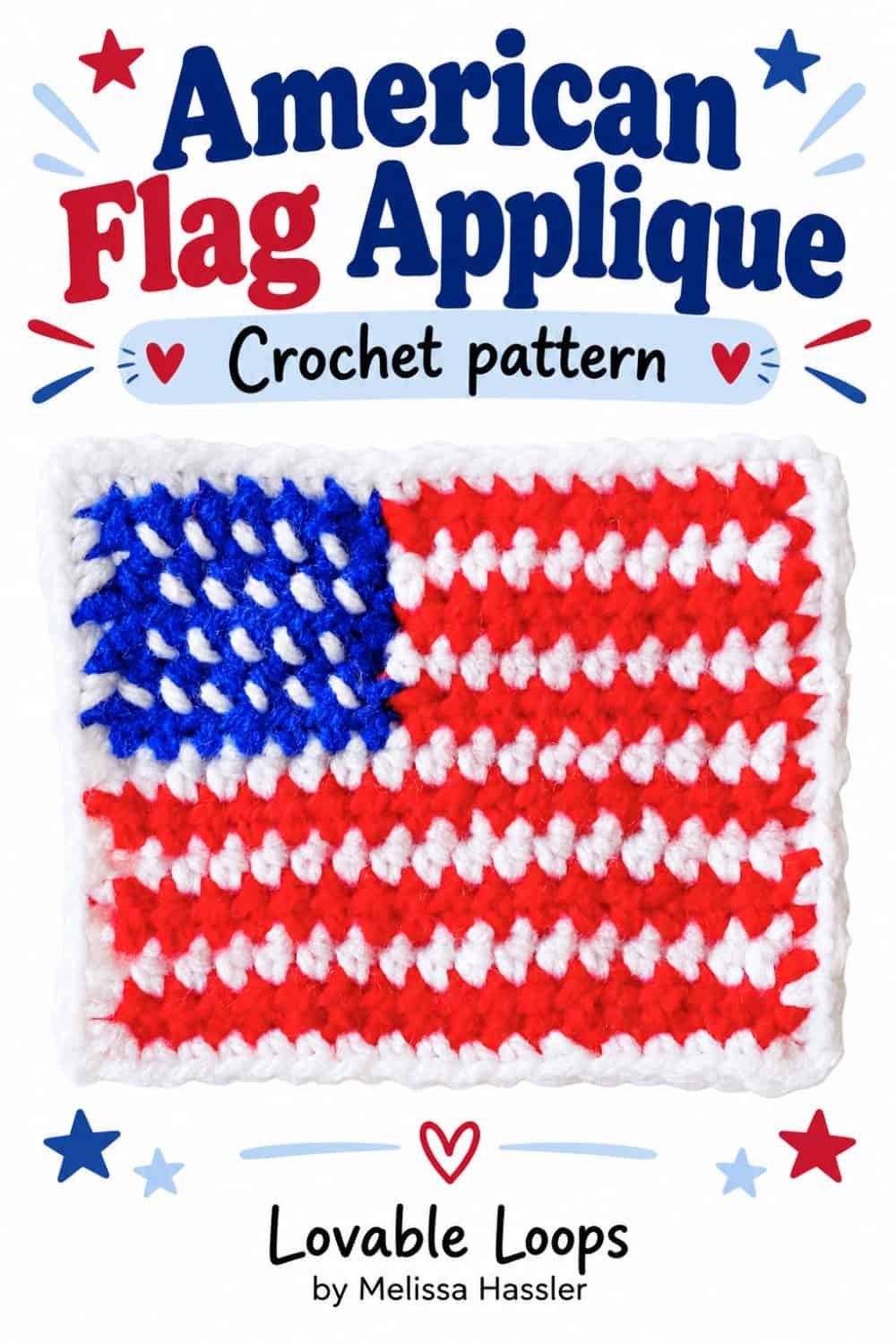 Small crochet American flag appliqué with red and white stripes, a blue star section, and patriotic red and blue decorative accents on a white background.