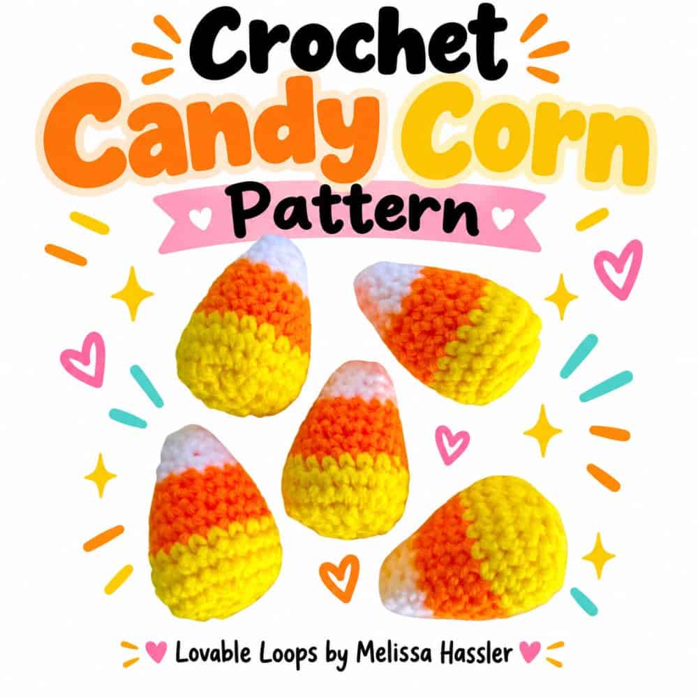 Square graphic featuring five stuffed crochet candy corns in classic white, orange, and yellow with bold text reading “Crochet Candy Corn Pattern.”