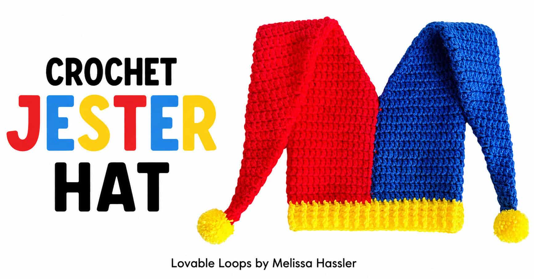 Crochet jester hat pattern featuring a red and blue two-pointed hat with yellow brim and yellow pom poms on a bright white background.