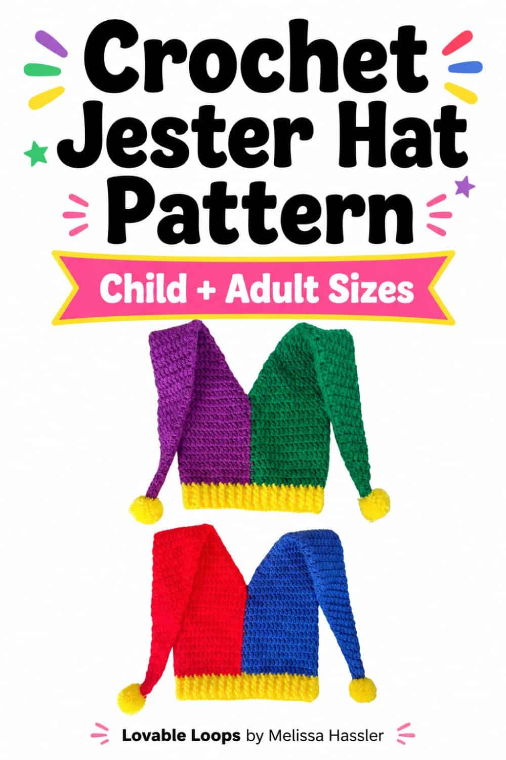 Crochet jester hat graphic featuring two classic two-pointed hats in purple and green and red and blue, with bold colorful text for child and adult sizes.