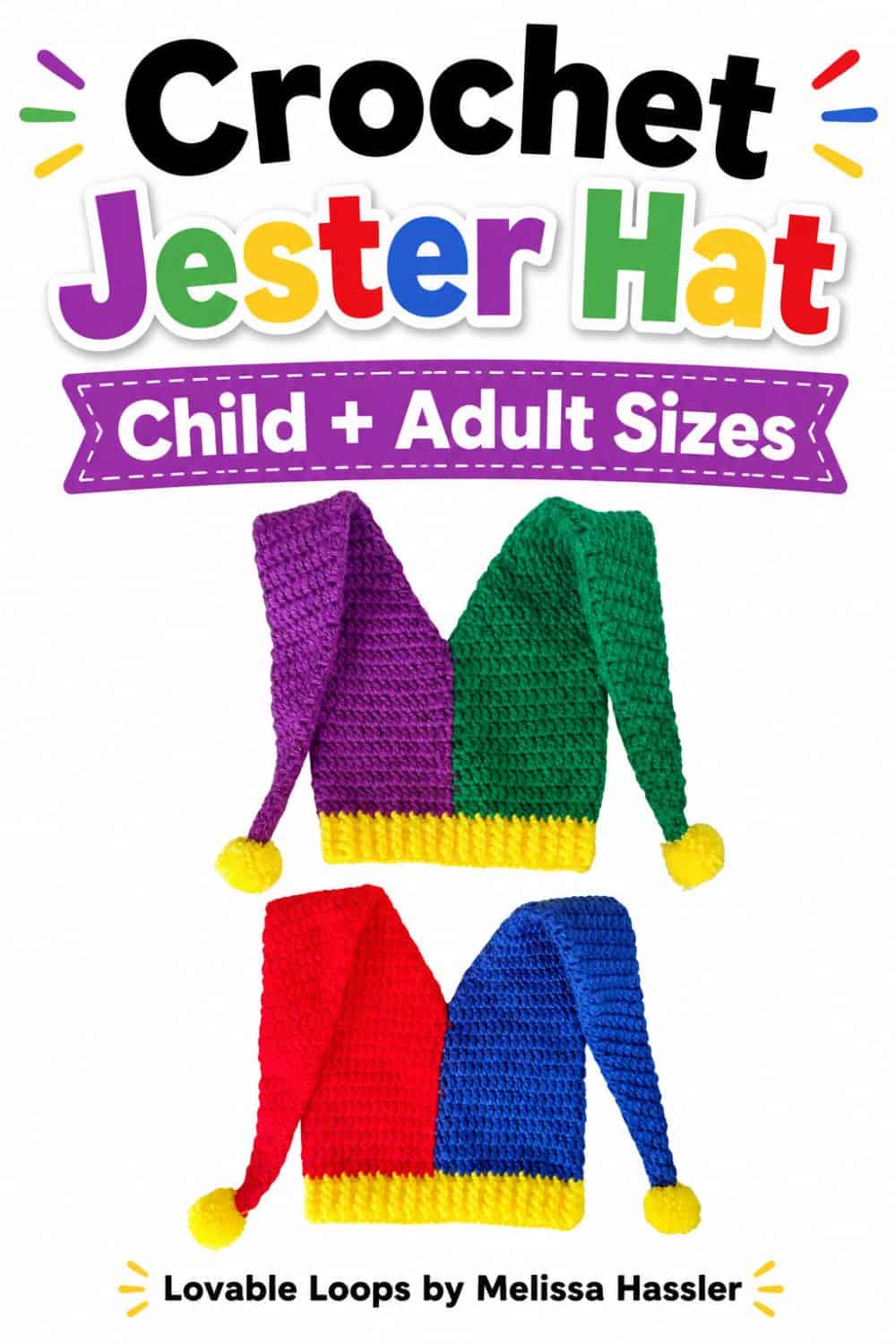 Crochet jester hat pattern graphic showing two colorful two-pointed crochet jester hats with yellow ribbed brims and pom poms in child and adult sizes.