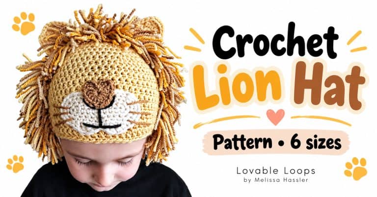 Crochet lion hat pattern in six sizes featuring a golden yellow animal hat with a full brown yarn mane, rounded ears, white muzzle, stitched whiskers, and brown nose.