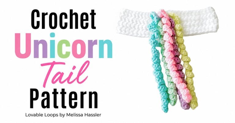 Magical unicorn tail crochet pattern featuring a white waistband with long pastel curly crochet strands in turquoise, mint, pink, purple, and yellow, surrounded by colorful star accents.