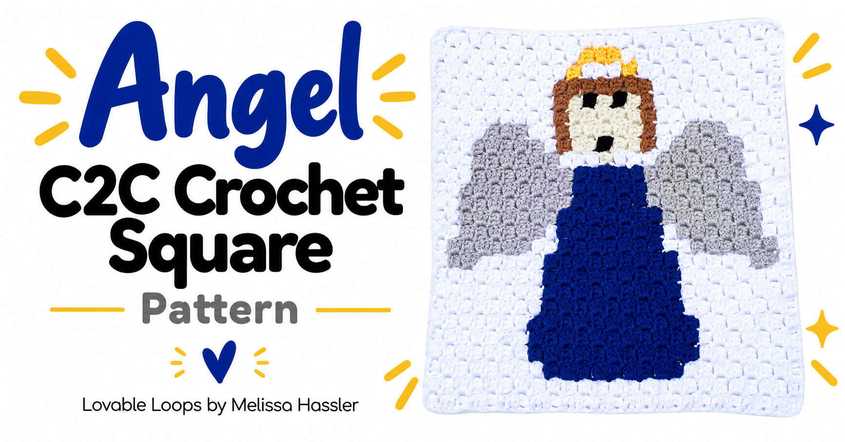 Wide graphic showing a white C2C crochet angel square with a blue dress, gray wings, brown hair, and gold halo beside text reading “Angel C2C Crochet Square Pattern.”