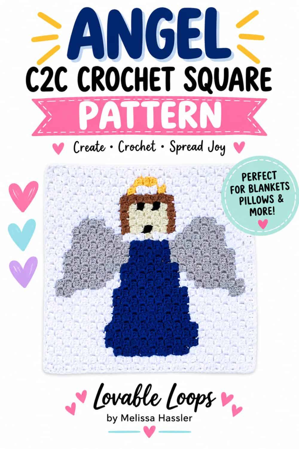 Pinterest graphic featuring a white C2C crochet angel square with a blue dress, gray wings, brown hair, and gold halo beneath text reading “Angel C2C Crochet Square Pattern.”
