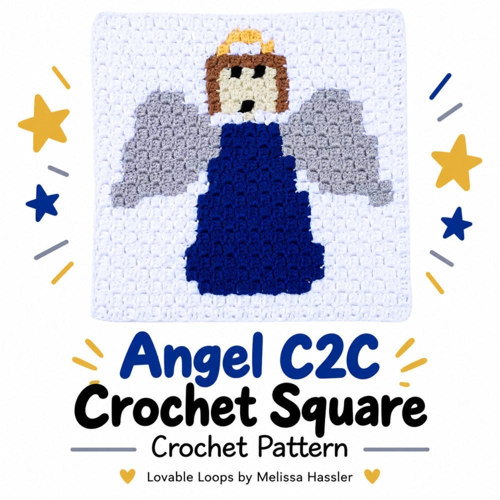 Square graphic featuring a white C2C crochet square with an angel in a blue dress, gray wings, brown hair, and gold halo above text reading “Angel C2C Crochet Square Crochet Pattern.”