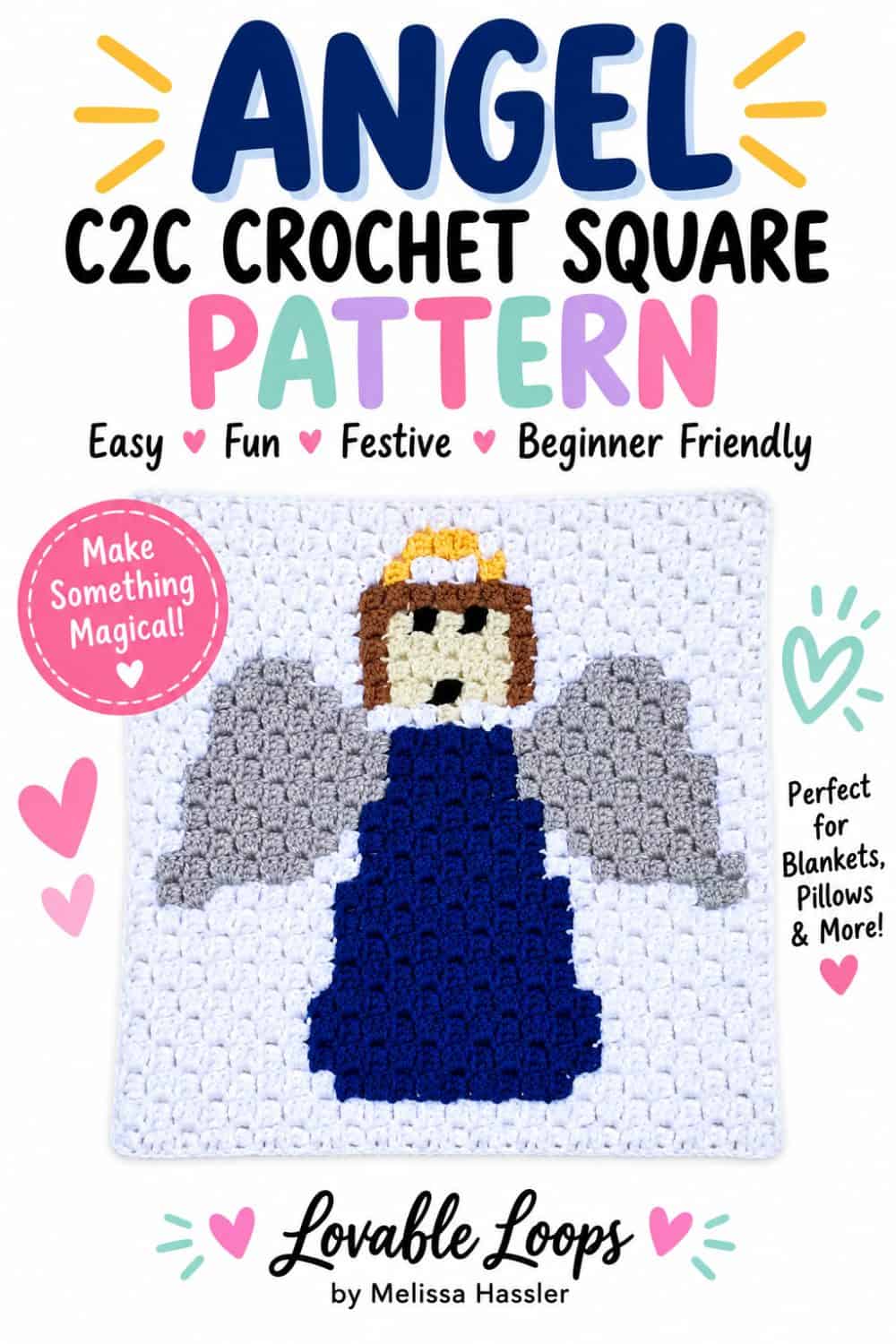 Pinterest graphic showing a white C2C crochet angel square with blue dress, gray wings, brown hair, and gold halo beneath colorful text reading “Angel C2C Crochet Square Pattern.”