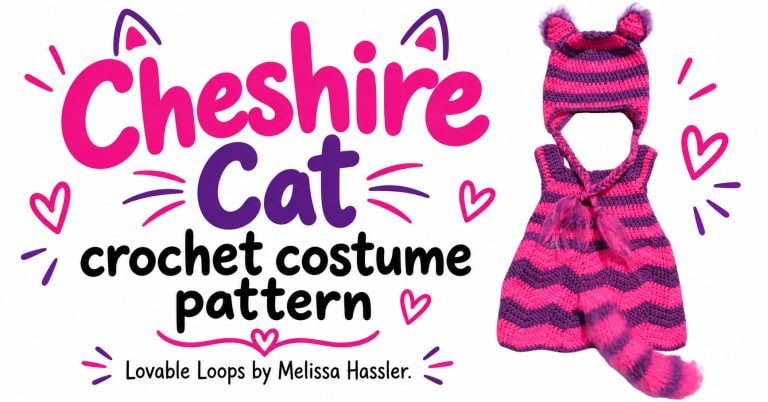 Horizontal graphic featuring a pink-and-purple crochet Cheshire Cat costume with striped dress, matching cat-ear hat, braided ties, and a fuzzy striped tail beside text reading “Cheshire Cat crochet costume pattern.”