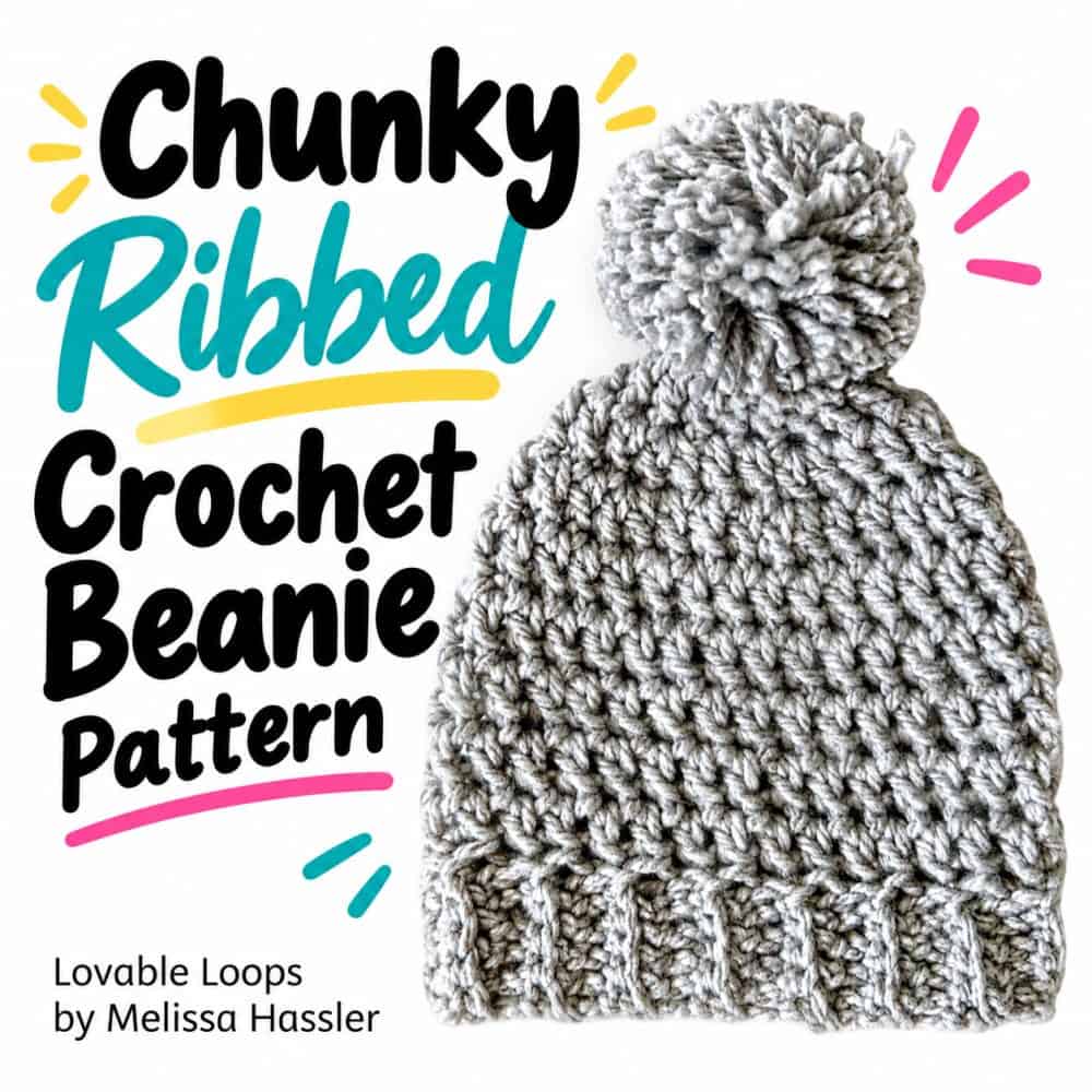 Gray chunky ribbed crochet beanie with a fluffy pom pom and wide textured brim shown on a white Pinterest graphic with the pattern name.