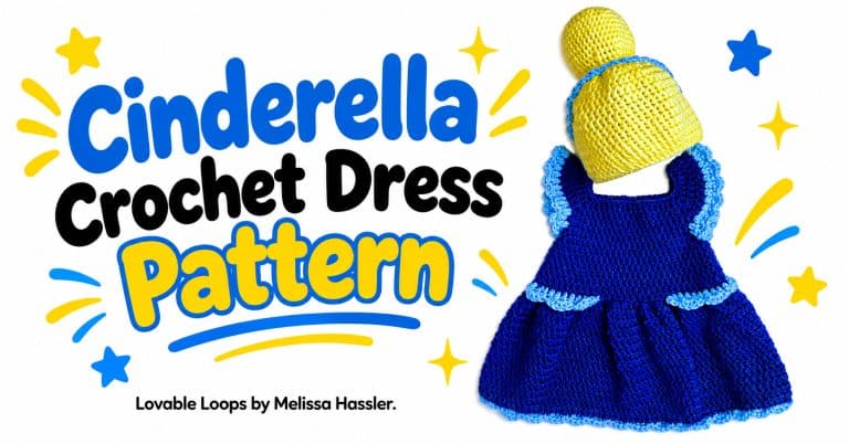 Horizontal graphic featuring a blue crochet Cinderella baby dress with light blue ruffled trim and a yellow crochet bun wig beside text reading “Cinderella Crochet Dress Pattern.”
