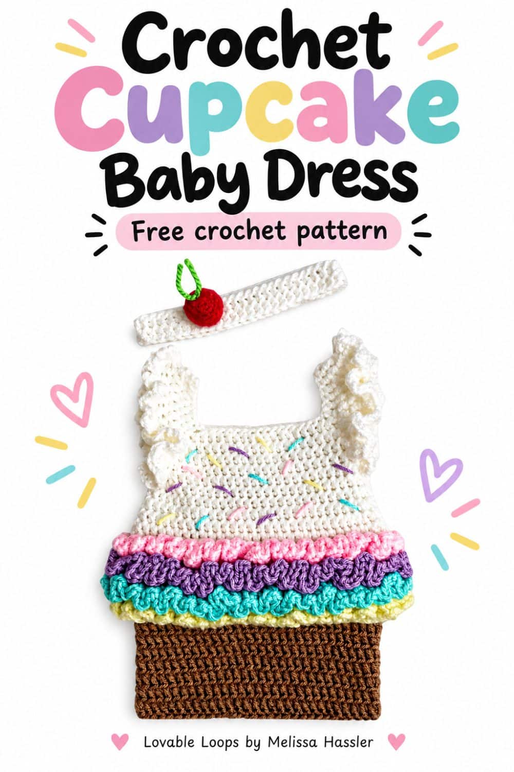 White and brown crochet cupcake dress with pink, purple, mint, and yellow ruffles, colorful sprinkles, and a matching cherry headband.