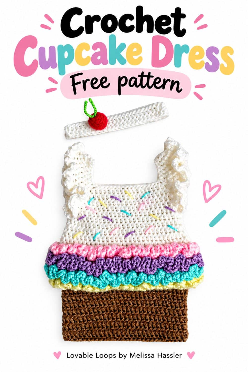 Crochet cupcake baby dress with white ruffled sleeves, pastel icing ruffles, colorful sprinkles, brown skirt, and matching cherry headband.