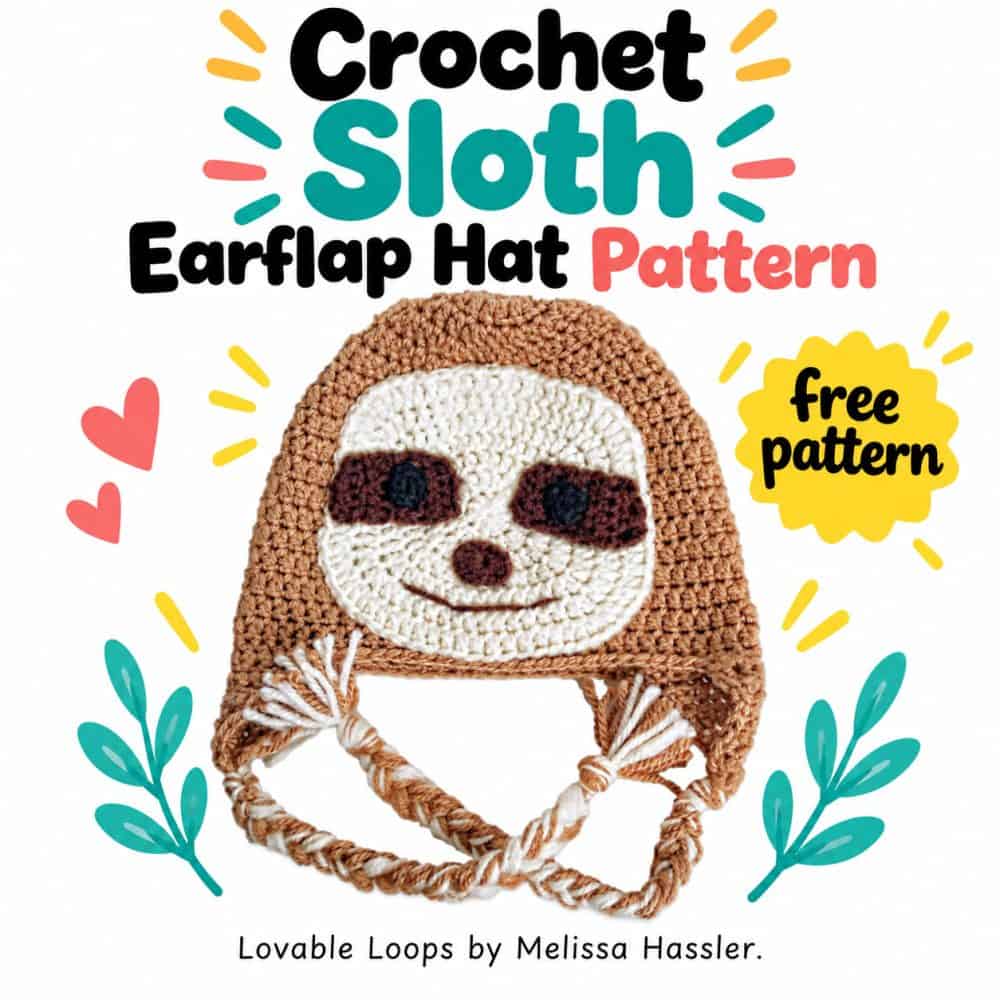 Square graphic featuring a brown crochet sloth earflap hat with braided ties and text reading “Crochet Sloth Earflap Hat Pattern” and “free pattern.”