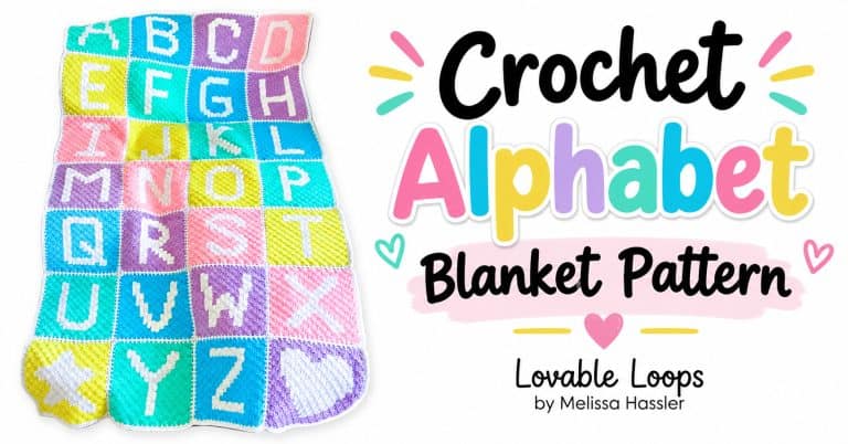 Wide graphic showing a colorful crochet alphabet blanket beside “Crochet Alphabet Blanket Pattern” text.