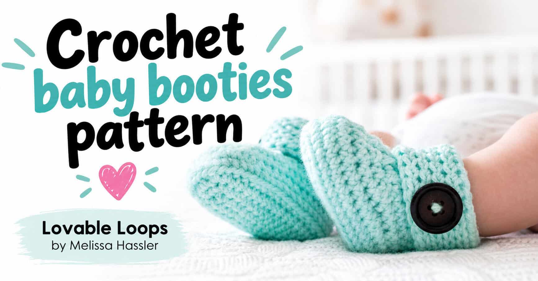 Horizontal graphic featuring mint green crochet baby booties with fold-down cuffs and black buttons on a baby’s feet beside text reading “Crochet Baby Booties Pattern.”