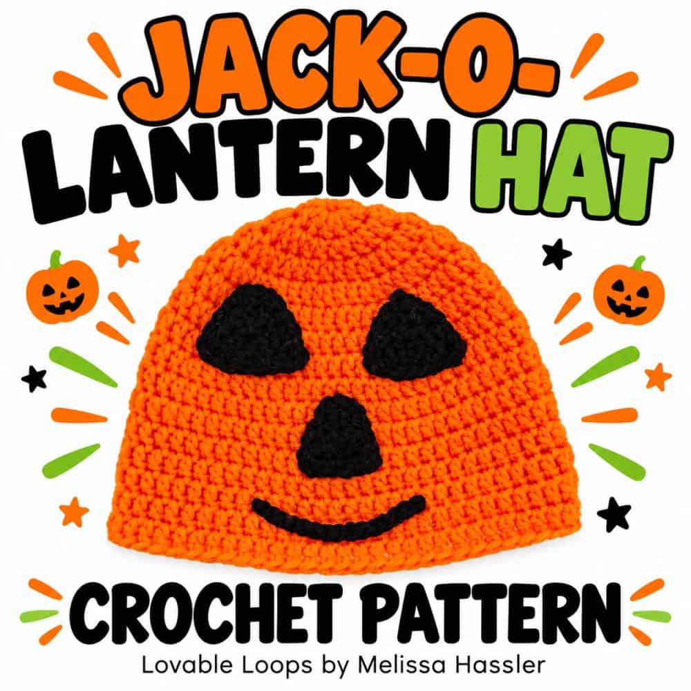 Bright orange crochet jack-o-lantern hat with black triangular eyes, nose, and curved smile, surrounded by Halloween decorations and bold pattern text.