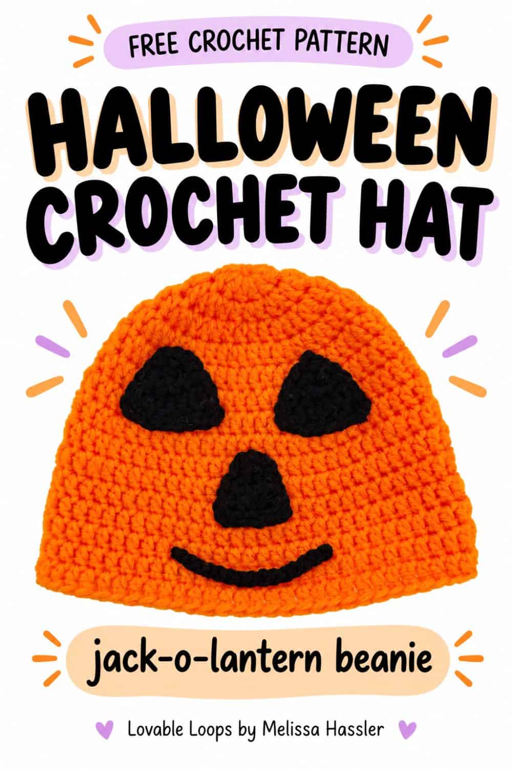 Pinterest graphic featuring an orange crochet jack-o-lantern hat with black eyes, triangular nose, and smile beneath bold text reading โHalloween Crochet Hat.โ